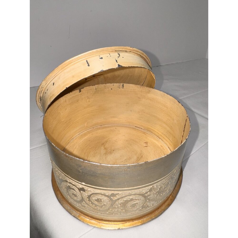 Vintage Gold & Silver Tin Round Storage Box With Lid Decorative Floral Scroll De - Picture 4 of 10